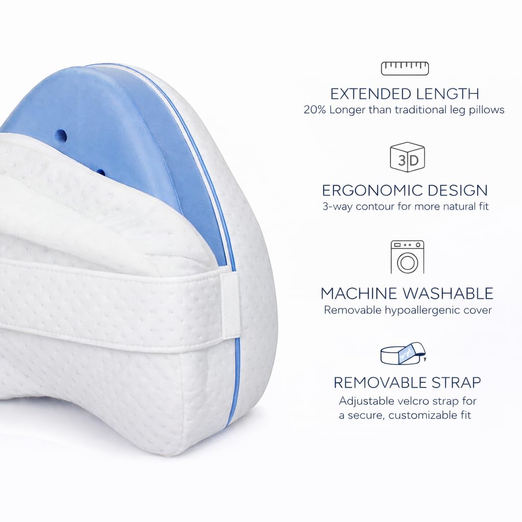 Contour Legacy Leg & Knee Foam Support Pillow for Side Sleepers Soothing Relief for Back, Hips, Knees, Joints, Nerves & Muscles - Includes Removable 18" Strap