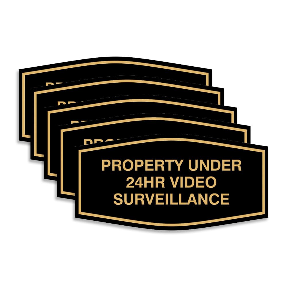 All Quality Fancy Property Under 24Hr Video Surveillance Sign | Property Security Sign with Easy Installation | 24/7 Security Monitoring (Black/Gold) - Small 5 Pack
