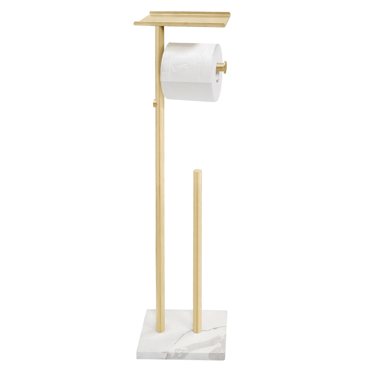 GZILA Brushed Gold Toilet Paper Stand Holder with Shelf, Marble Design Base Free Standing Toilet Paper Roll Holder with 2 Dispenser SUS 304 Stainless Steel Reserve, Storage 5 Rolls