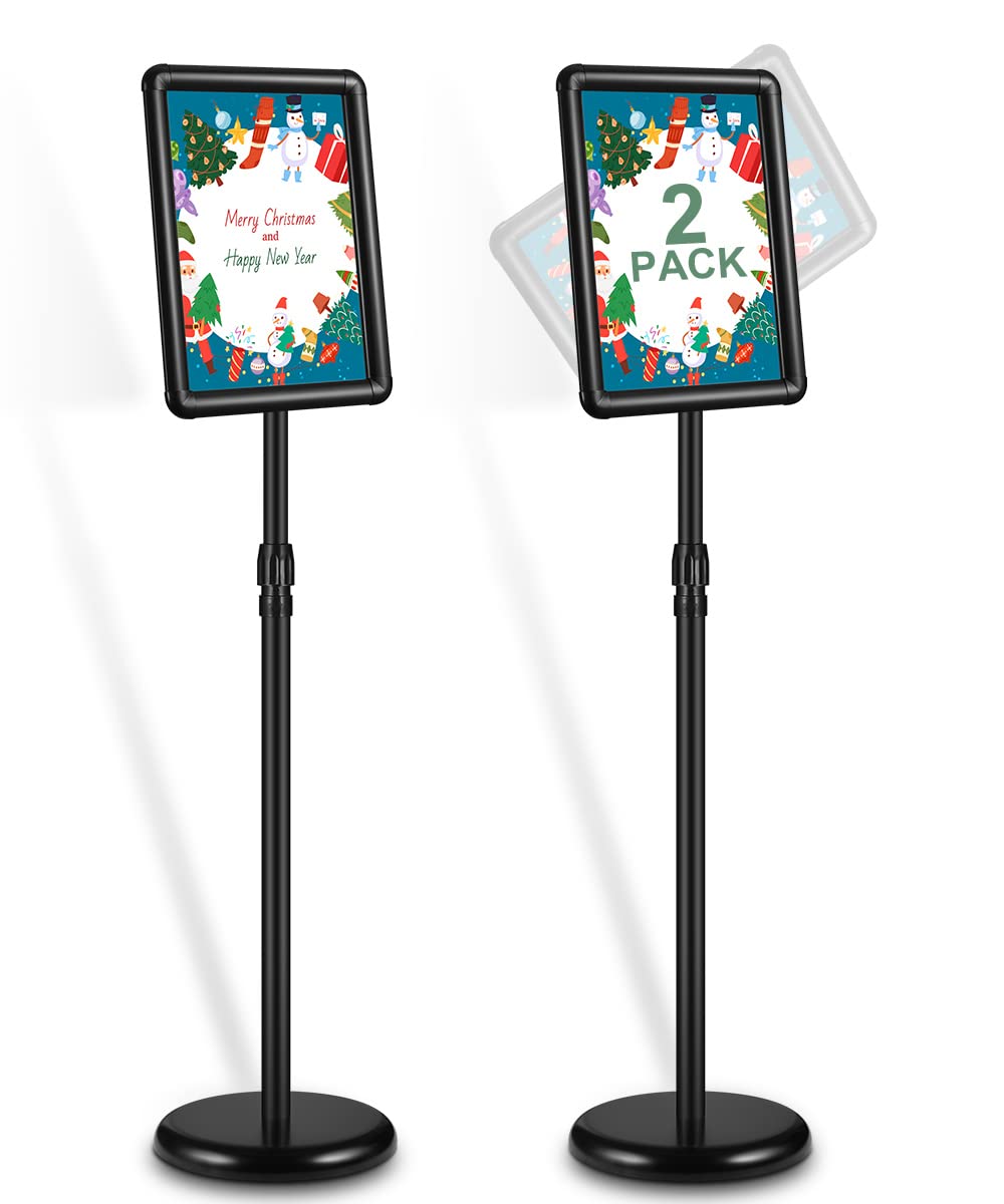 JACNITAD 2 Pack Adjustable Sign Holder Stand with Base, 8.5 x 11 Inch Vertical and Horizontal View Sign Displayed, Snap Open Frame for School Store Business Advertise Show Christmas Decor, Black