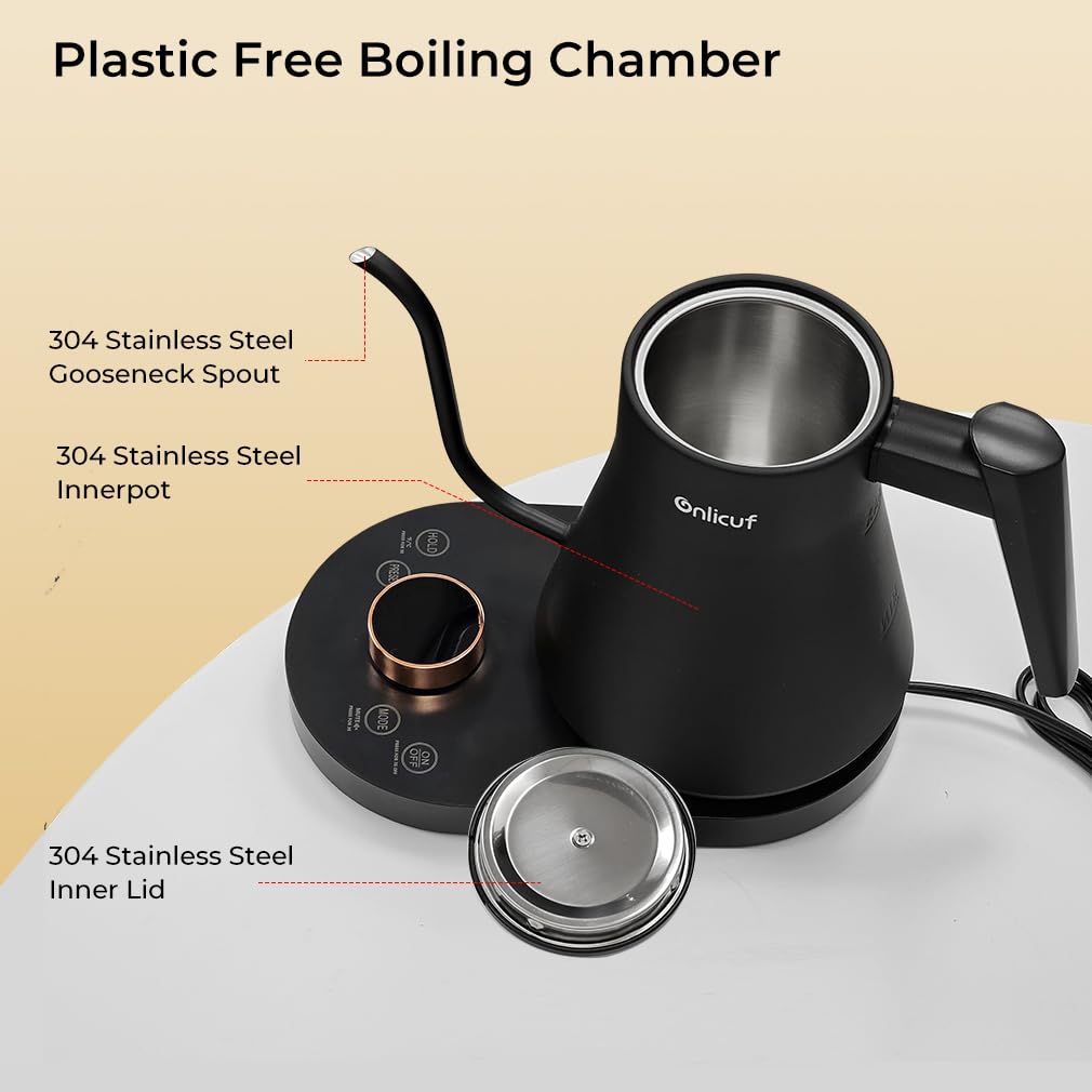 Onlicuf Electric Gooseneck Kettle with Temperature Control, 0.8L Pour Over Coffee, ±1°F Precision Heating, 7 Presets, Stainless Steel Inner, Electric Tea Kettle with 2H Keep Warm, Matte Black