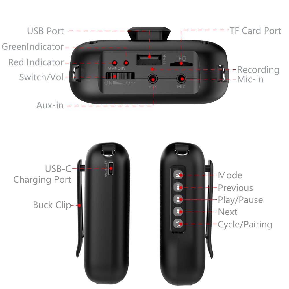 Voice Amplifier Wireless Microphone, 4000mAh Portable Rechargeable Bluetooth Mini Personal Speaker with 2 Headset Microphones for Teachers, Classroom, Meetings and Tour, Black