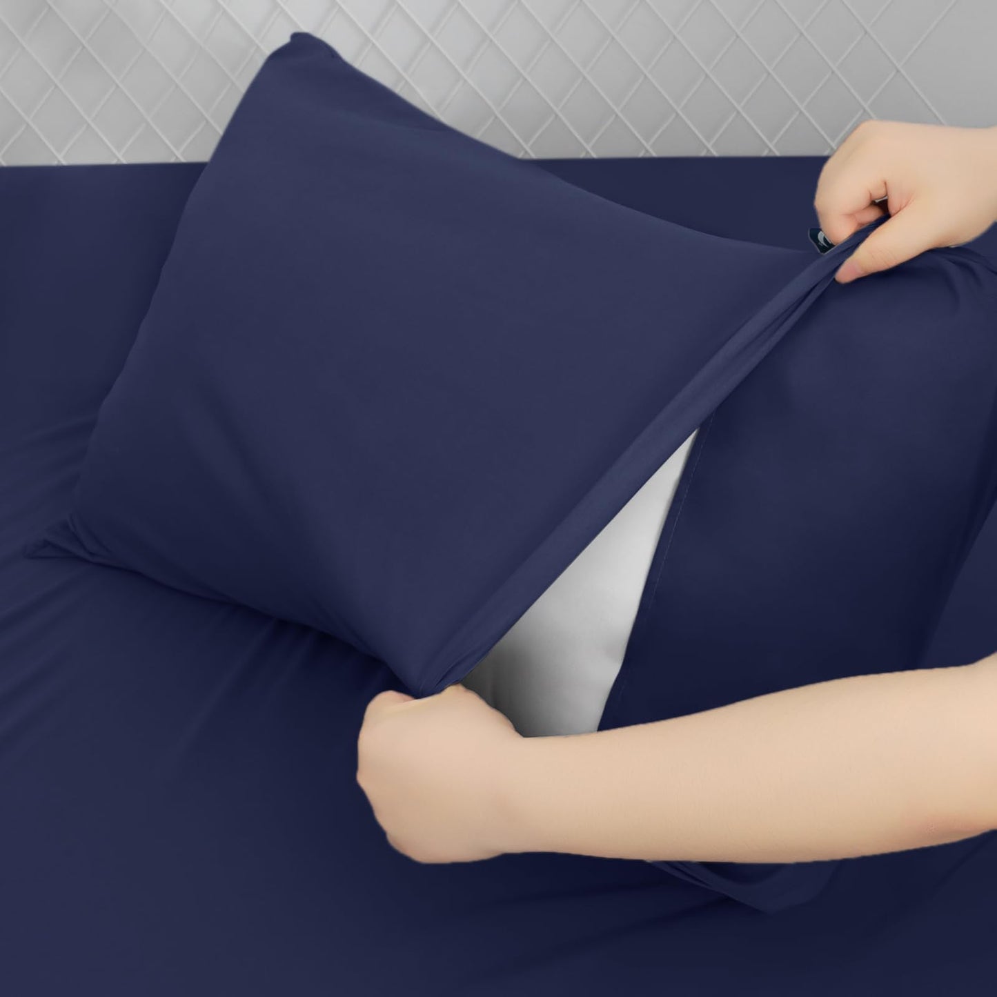 Moonsea Queen Sheet Set for Air Mattress - Sheets Queen Size Bed Set - 3Pcs Side Storage Pocket Fitted Sheet & Pillowcases Easily Fits 16in to 24in Pillow Top Air Bed Mattress - Navy Blue