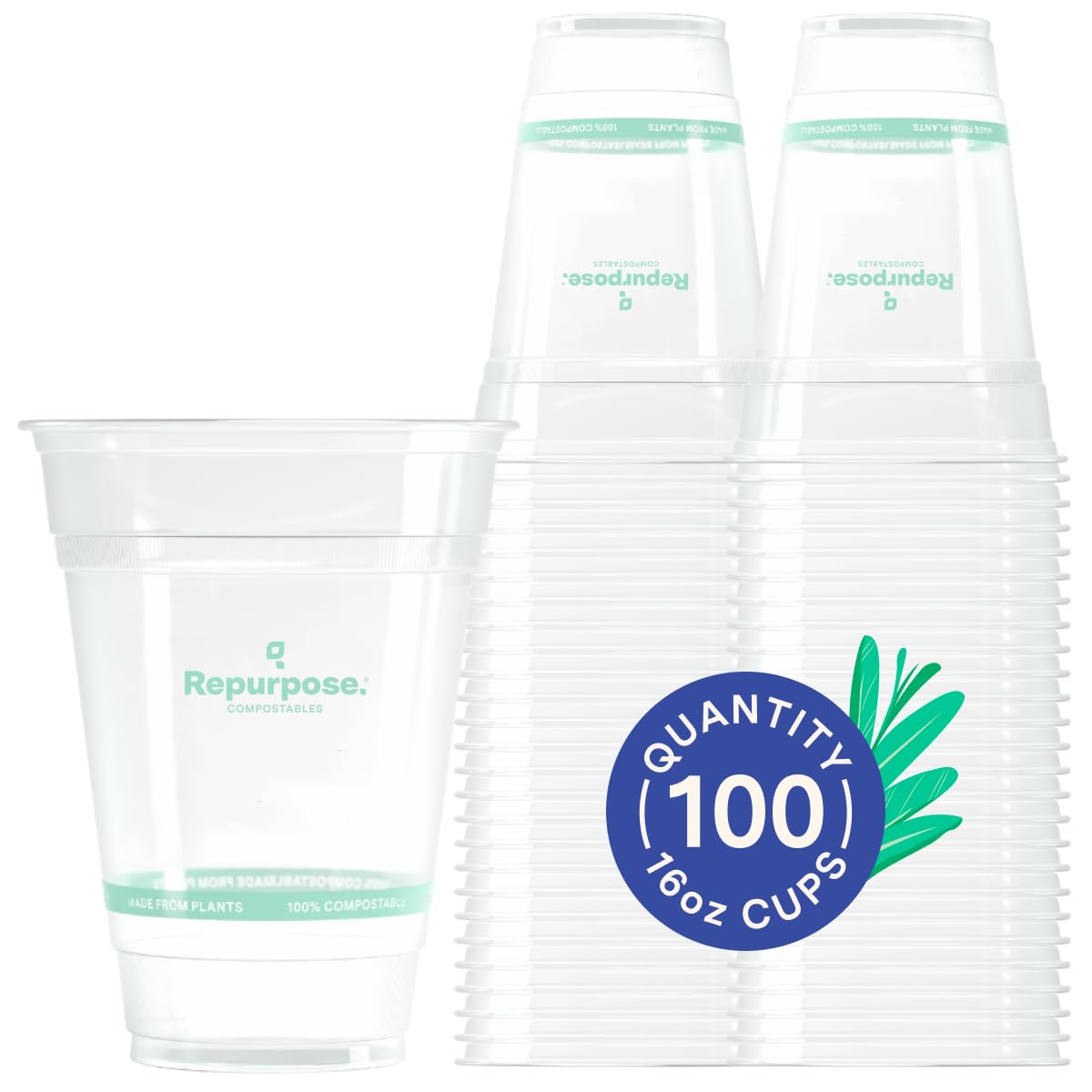 Repurpose 100% Plant-Based Clear Cold Cups, 16oz, 100 Count, BPA Free, No PFAS Added