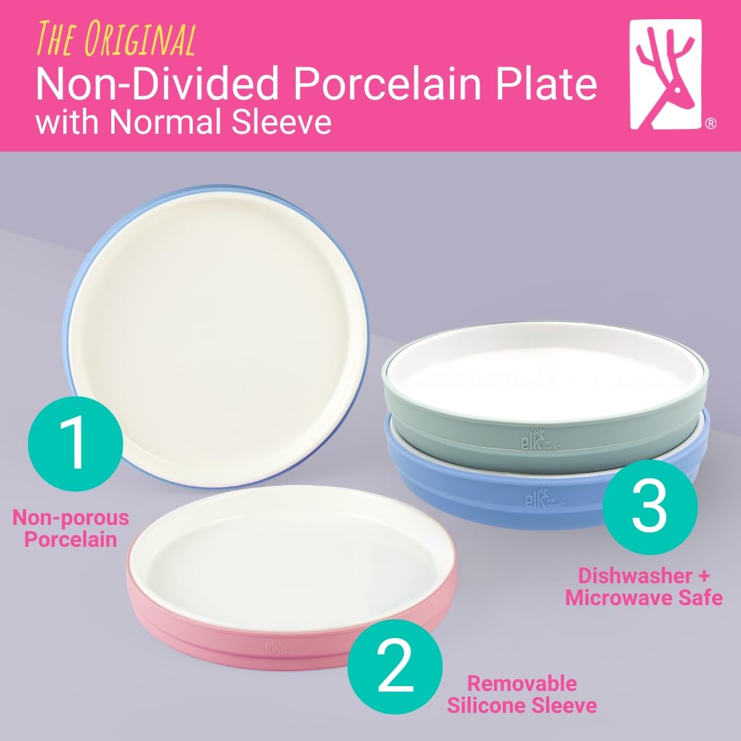 Elk and Friends Kids 7.8” Porcelain White Plates with Silicone Sleeves | Suitable for Babies/Toddlers | Microwave & Dishwasher Safe | Non Slip Dinnerware | Snack Dishes | 4 Pack