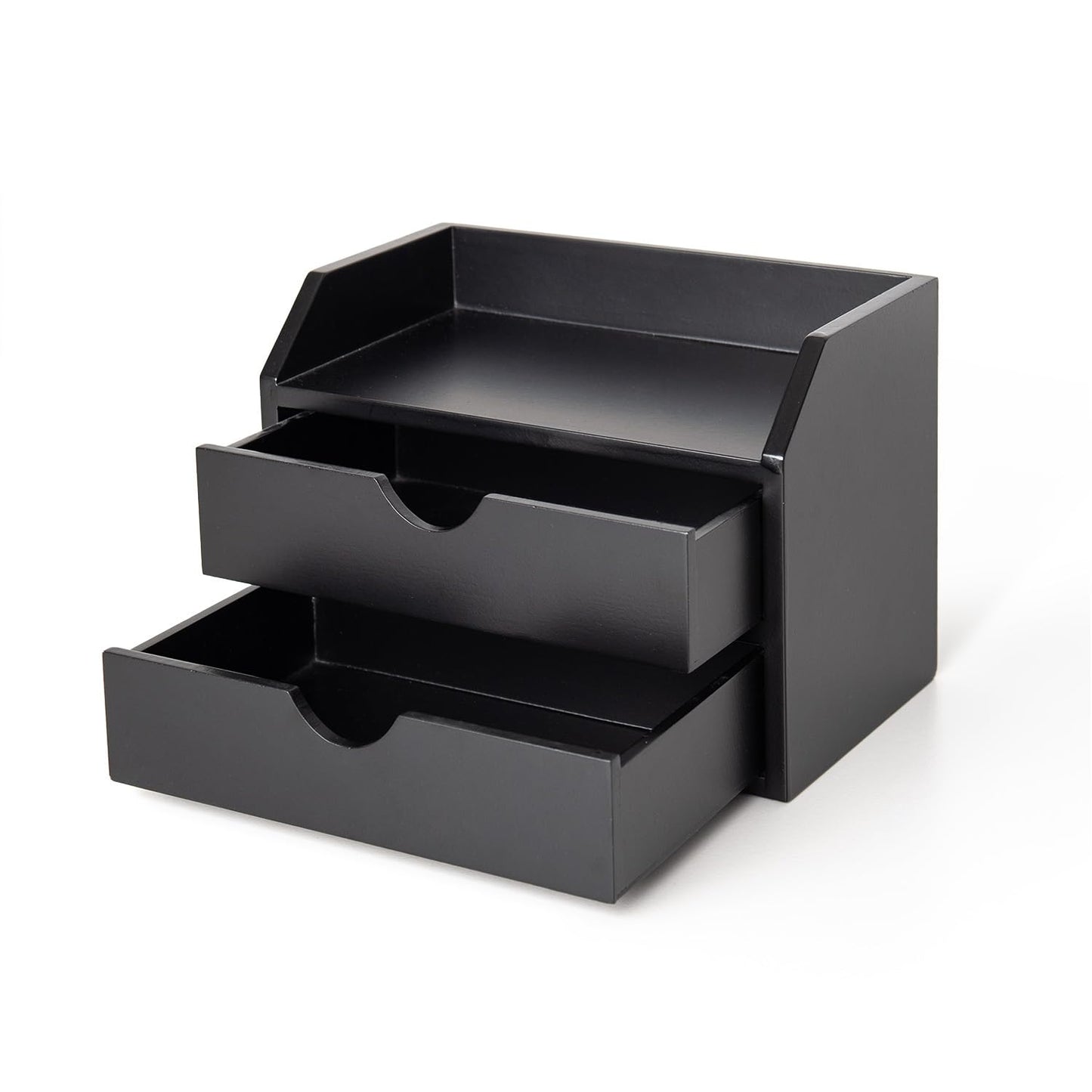 ROSE BLOOM Black Wood Desk Organizer with 2 Drawer, Mini Cute Cabinet with Storage Shelf for Tabletop, Small Desktop Box Organizer for Cosmetic Office Supplies