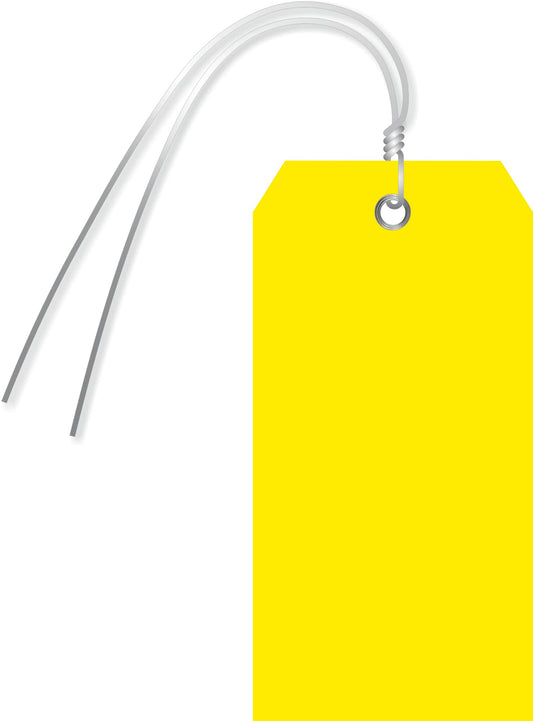 SmartSign Pack of 100 Yellow Plastic Tags with Wires, 4.75 x 2.375 inch, Metal Eyelet, 10 mil Tear-Proof Polylith Plastic Size 5, Writable