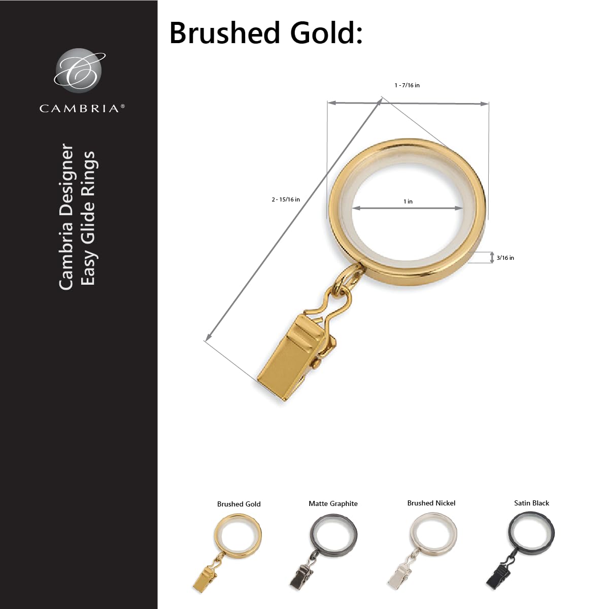 MODE Cambria Designer Series - Premium Easy Glide 18 Count Small Curtain Rings - Metal with Nylon Inserts and Clips - 1 inch Inner Diameter - use for rods 5/8" or Smaller - Brushed Gold