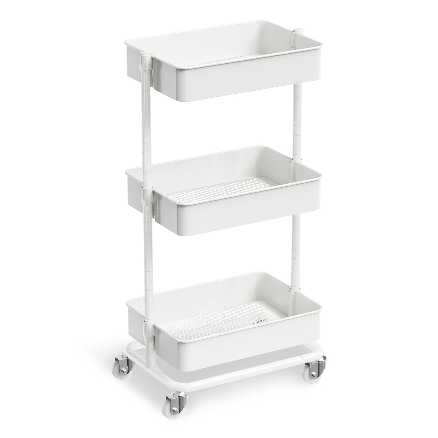 3 Tier Utility Rolling Cart, Heavy Duty Metal Rolling Cart with Wheels, Storage Organizer, Portable Mobile Shelving Unit for Office, Bathroom, Kitchen (White)