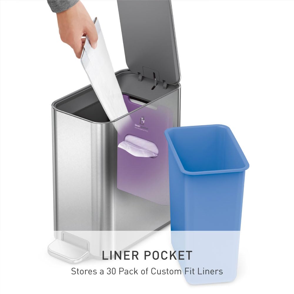 simplehuman Slim Step Can, 5L / 1.3 Gallon Compact Bathroom Trash Can, Liner Pocket®, Sleek Internal Hinge, 150,000-Step All-Steel Pedal, Lid Shox® Silent Close, Brushed Stainless Steel