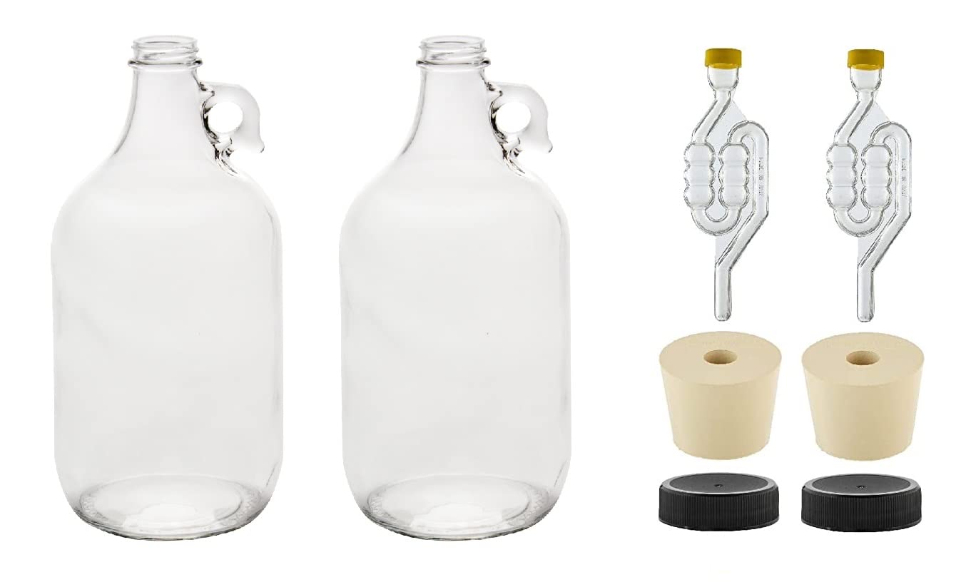 North Mountain Supply 1/2 Gallon Glass Fermenting Jug with Handle – Set of 2 – Includes 6.5 Rubber Stoppers, 6-Bubble Airlocks, and Black Plastic Lids – 64 Ounces – 38mm CT Finish