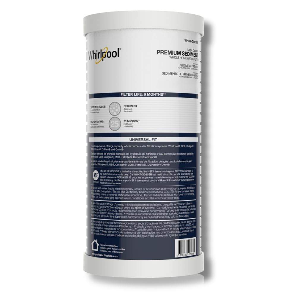 Whirlpool 10" x 4.5" Whole House Large Capacity Sediment Filter WHKF-GD25BB, NSF Certified 25 Micron Filtration, 6-Month Life, Replacement Cartridge Fits Most Home Standard Filter Housings