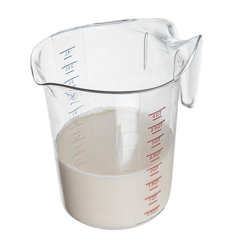 Restaurantware RW Base 4 Quart Measuring Jar 1 Durable Measuring Beaker - Metric And Imperial Units V-Shaped Spout Clear Plastic Measuring Cup Handle With Thumb-Grip Tolerates Up To 248F