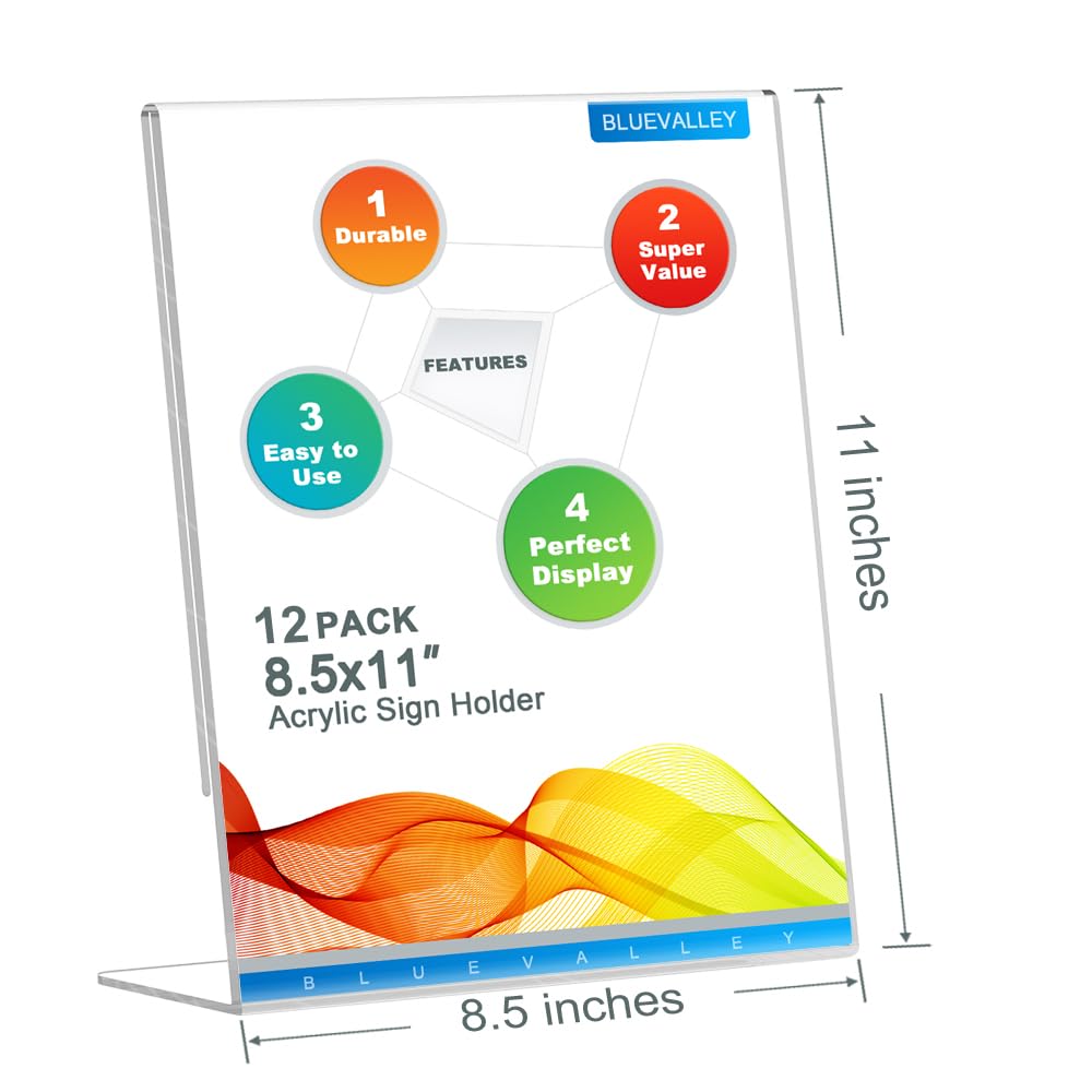 BlueValley Acrylic Sign Holder 8.5x11 Vertical - Clear Slanted Back Plastic Paper Display Stand for Menu, Flyer, Document - Table Top Sign Holder Certificate Frame for Office, Retail, Restaurant, Fairs - 12 Pack
