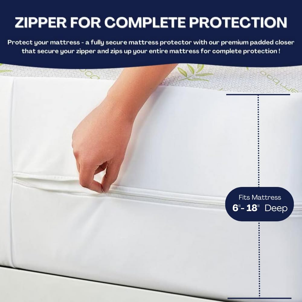 Bamboo Mattress Protector with Zipper - 100% Waterproof King Size Cooling Mattress Cover - Ultra Soft Jacquard Fabric Breathable Noiseless Mattress Pad Cover - Zippered Mattress Encasements