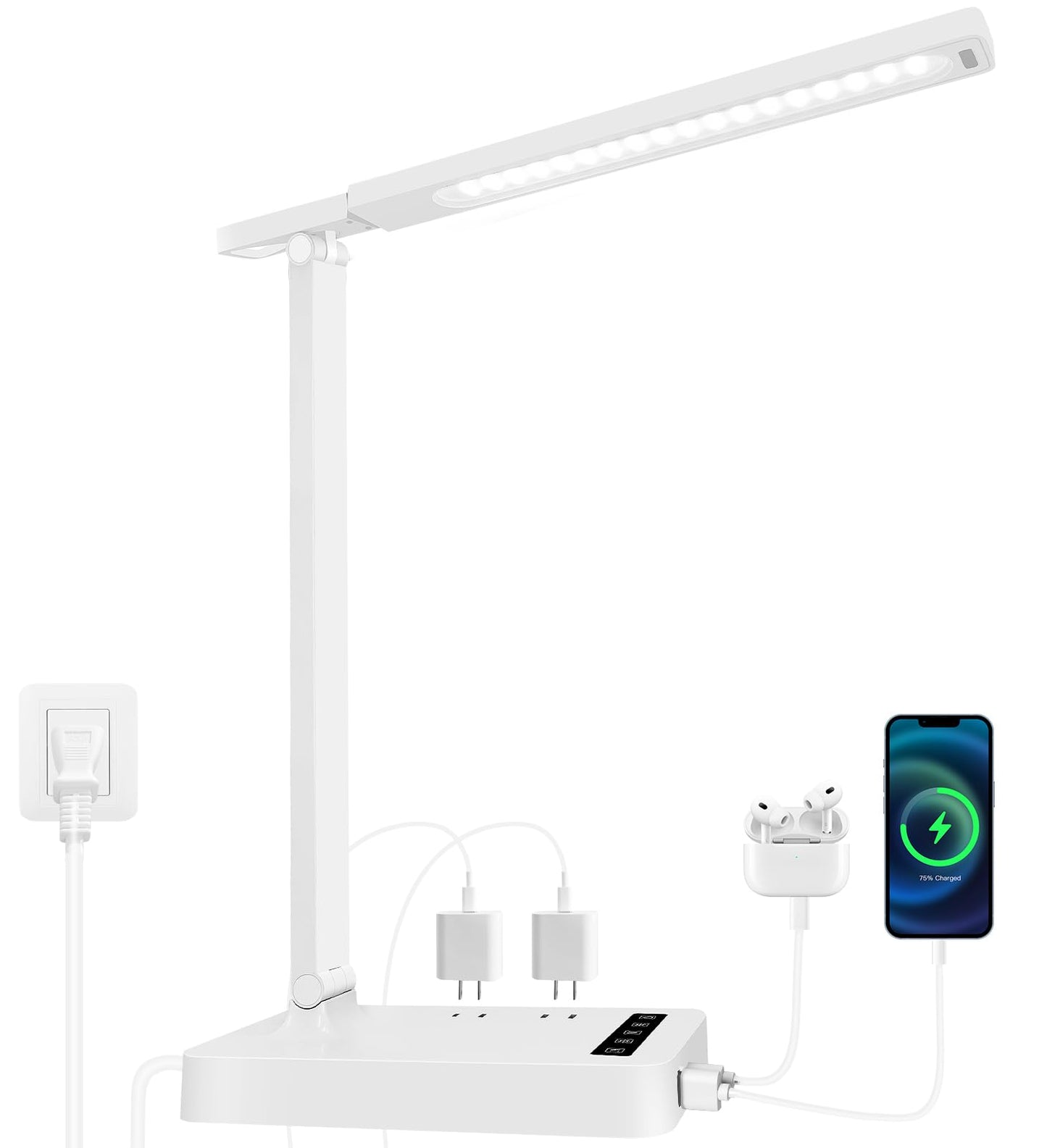 Desk Lamp with 4-Port Charging Station (2 AC Outlets, USB-C, USB-A), 5 Color Modes & Adjustable Brightness, Flexible Gooseneck Arm, Eye-Protecting LED Light Source, Ideal for Home Offices & Bedrooms