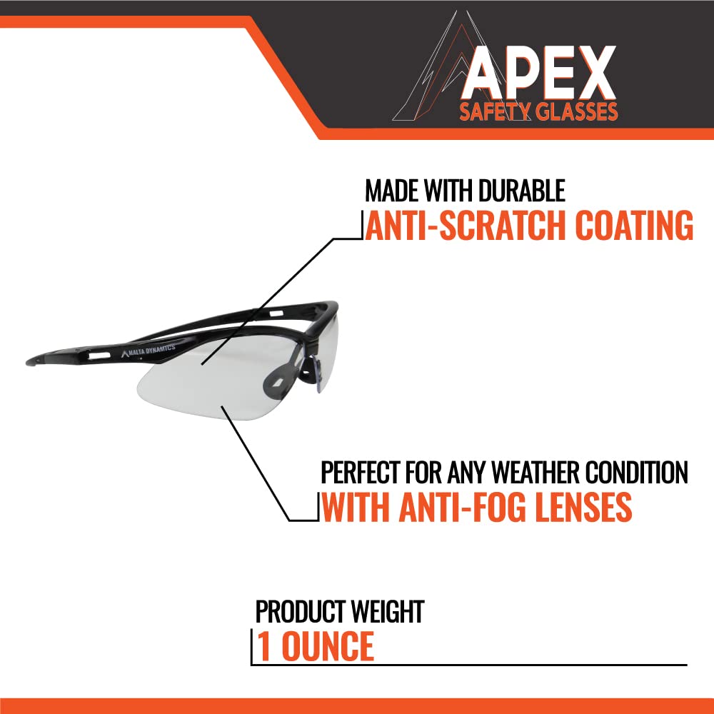 Malta Dynamics APEX Safety Glasses – Construction Safety Glasses for Men and Women with Anti Scratch and Anti Fog Protection, ISEA & ANSI Z87 Compliant (Clear, 12 Pairs)