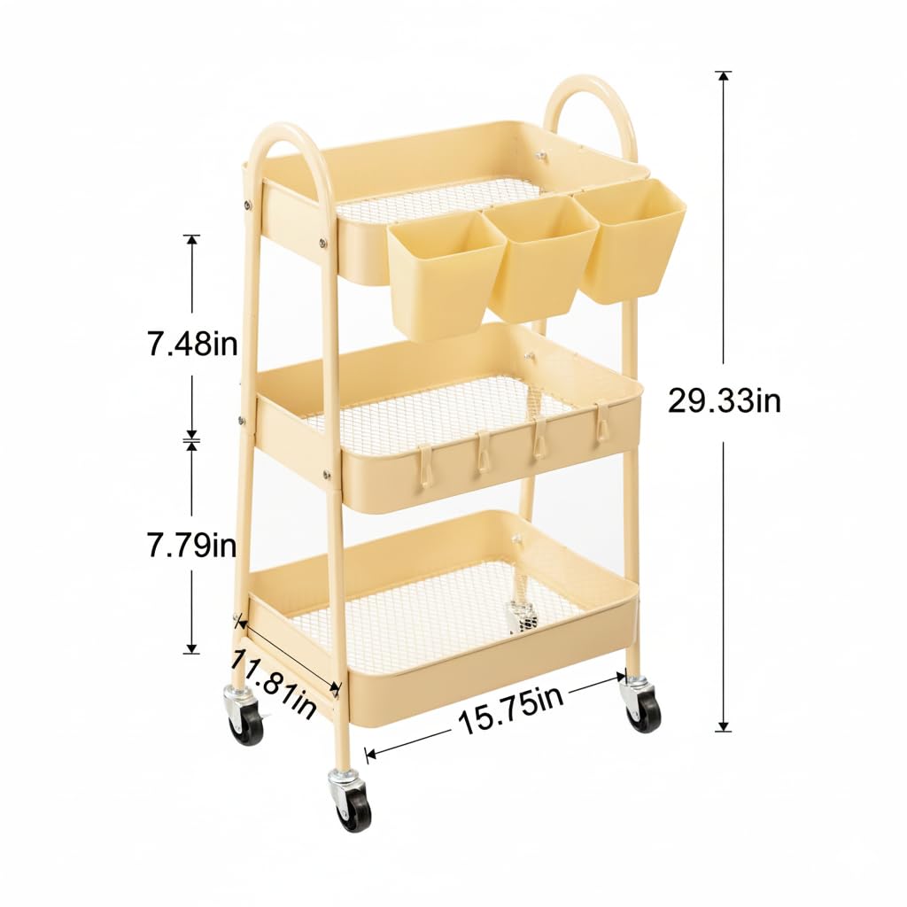 danpinera 3-Tier Rolling Cart, Utility Cart Mobile Metal Rolling Storage Cart with Lockable Wheels & Hanging Cups & Hooks for Kitchen, Bathroom, Office, Workshop, Yellow