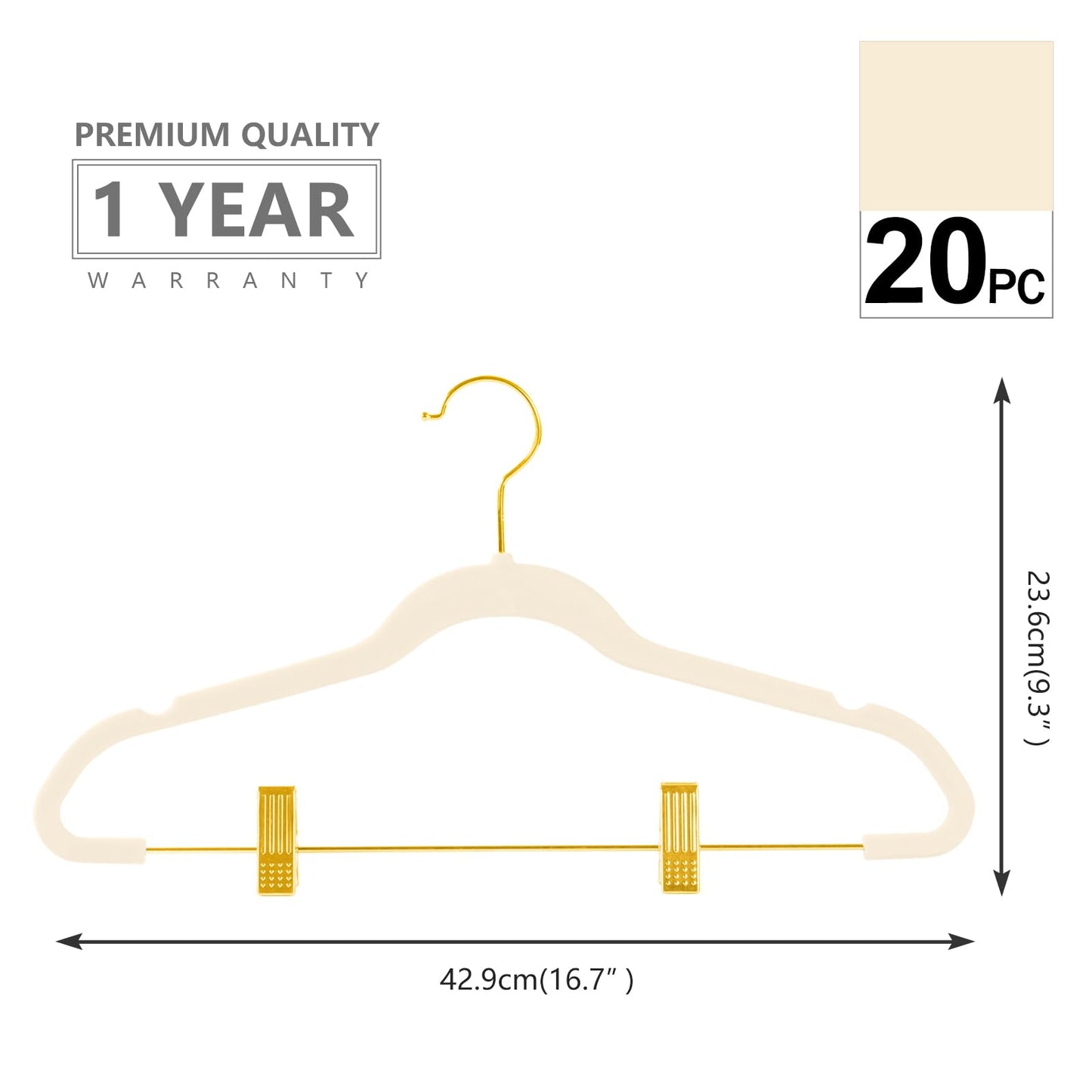MIZGI Premium Velvet Pants Hangers with Adjustable Clips (Pack of 20) - Slim Skirt Hangers - Non Slip Felt - Ivory/Gold