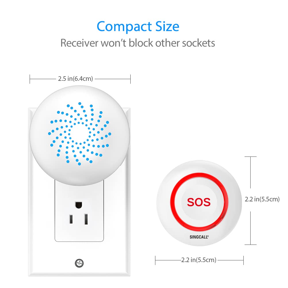 SINGCALL Caregiver Pager Panic Button Emergency Call Button for Elderly Alarm Bell Medical Alert Calling System for Seniors Waterproof Tuya Smart 1 SOS Button 1 Plugin Receiver (only 2.4GHz WiFi)