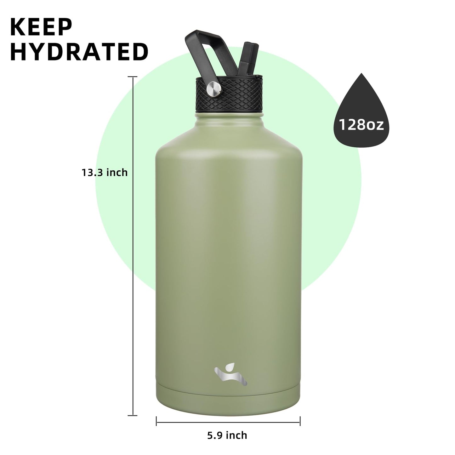Konokyo Gallon Insulated Water Bottle with Straw,128 oz 3 Lids Water Jug with Carrying Bag,Paracord Handle, Double Wall Vacuum Stainless Steel Metal Flask,Camp Green