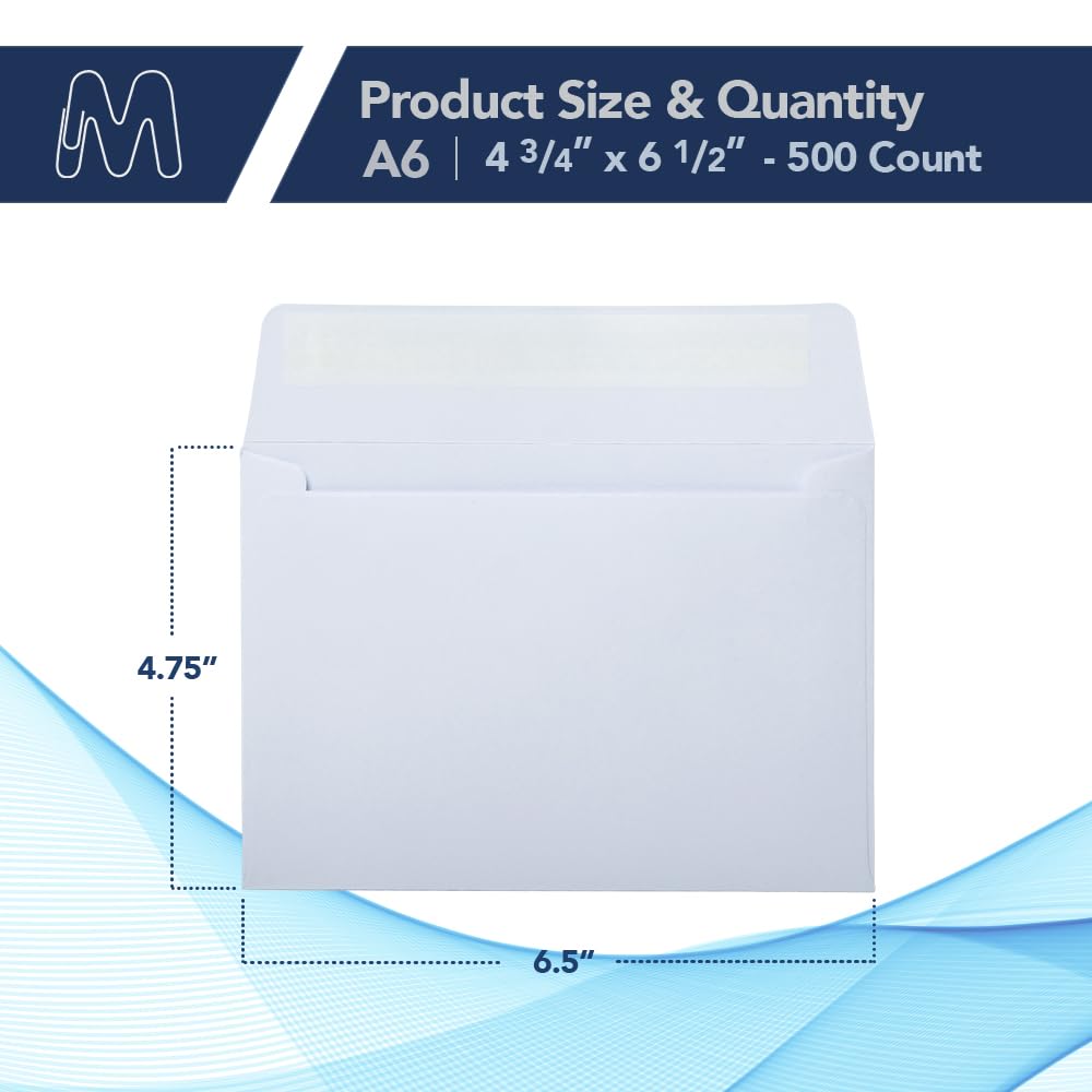 MOS A6 White Envelopes 4.75 x 6.5 Inch 500 Pack — Self-Seal Heavyweight Invitation Envelopes for Greeting Cards, Gift Cards, Weddings, Business Mailings, Thank You Cards