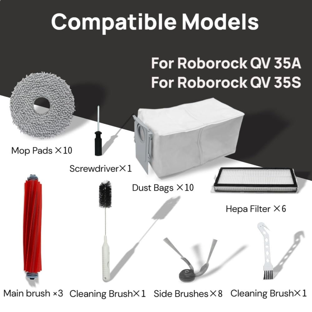 （40 Pcs）Replacement Accessories Kit Compatible with Roborock QV 35A/QV 35S Robot Vacuum, 3 Main Brush, 8 Side Brush, 6 HEPA Filter, 10 Mop Pads, 10 Dust Bag,2 Cleaning Brush, 1 Screwdriver
