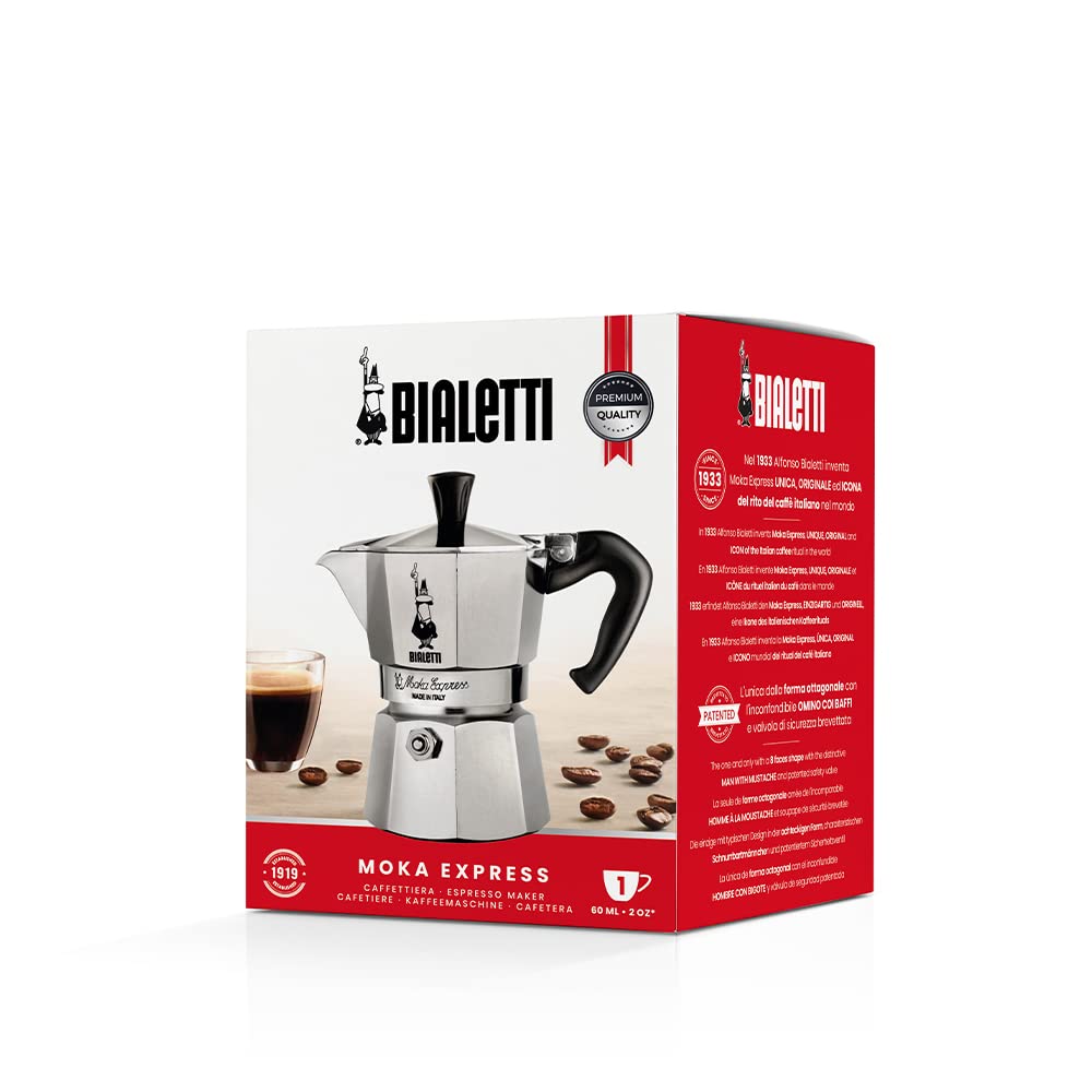 Bialetti - Moka Express: Iconic Stovetop Espresso Maker, Makes Real Italian Coffee, Moka Pot 1 Cup (2 Oz - 60 Ml), Aluminium, Silver