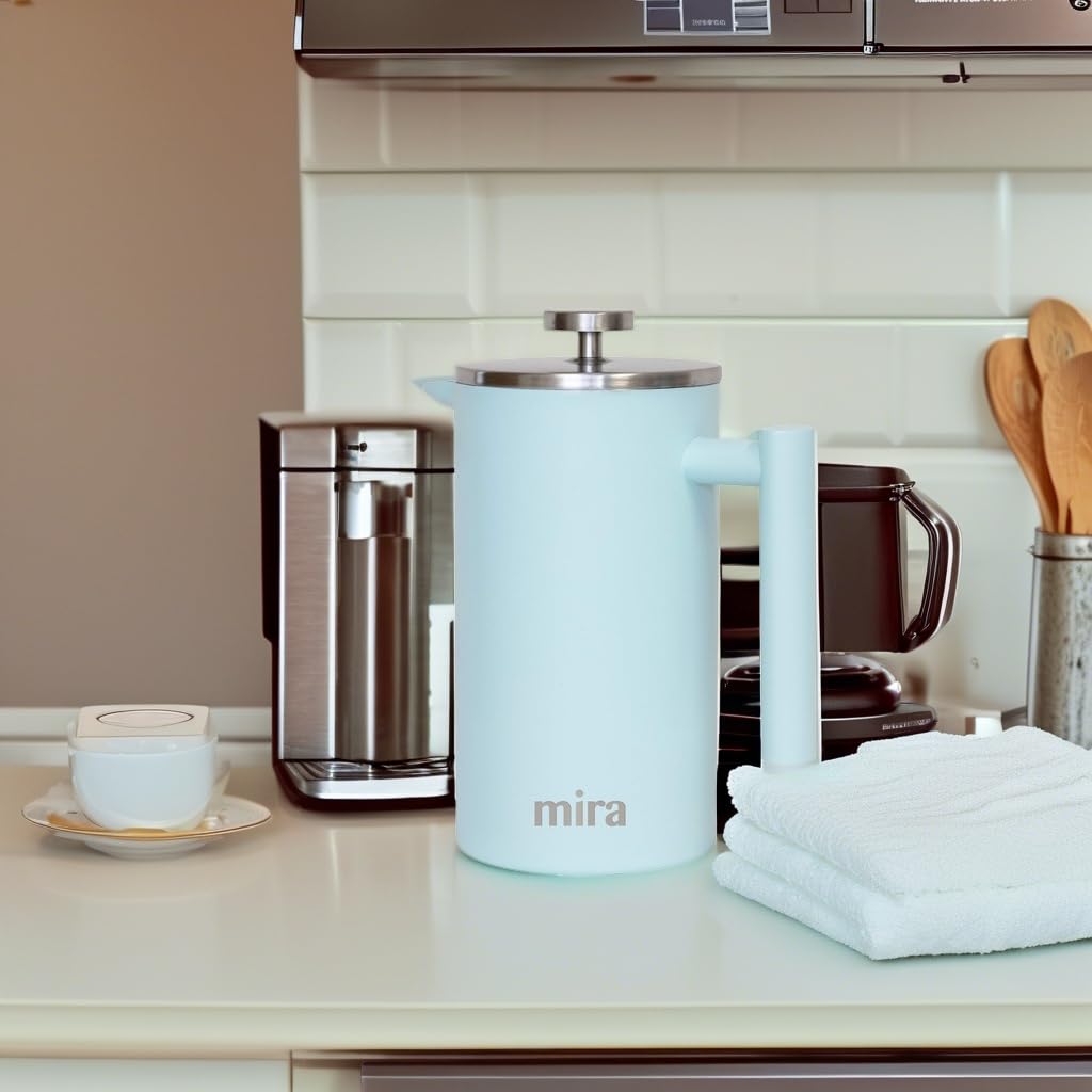MIRA 20 oz Insulated French Press - Stainless Steel Coffee & Tea Maker - Double Wall Temperature Control Brewer, Pearl Blue