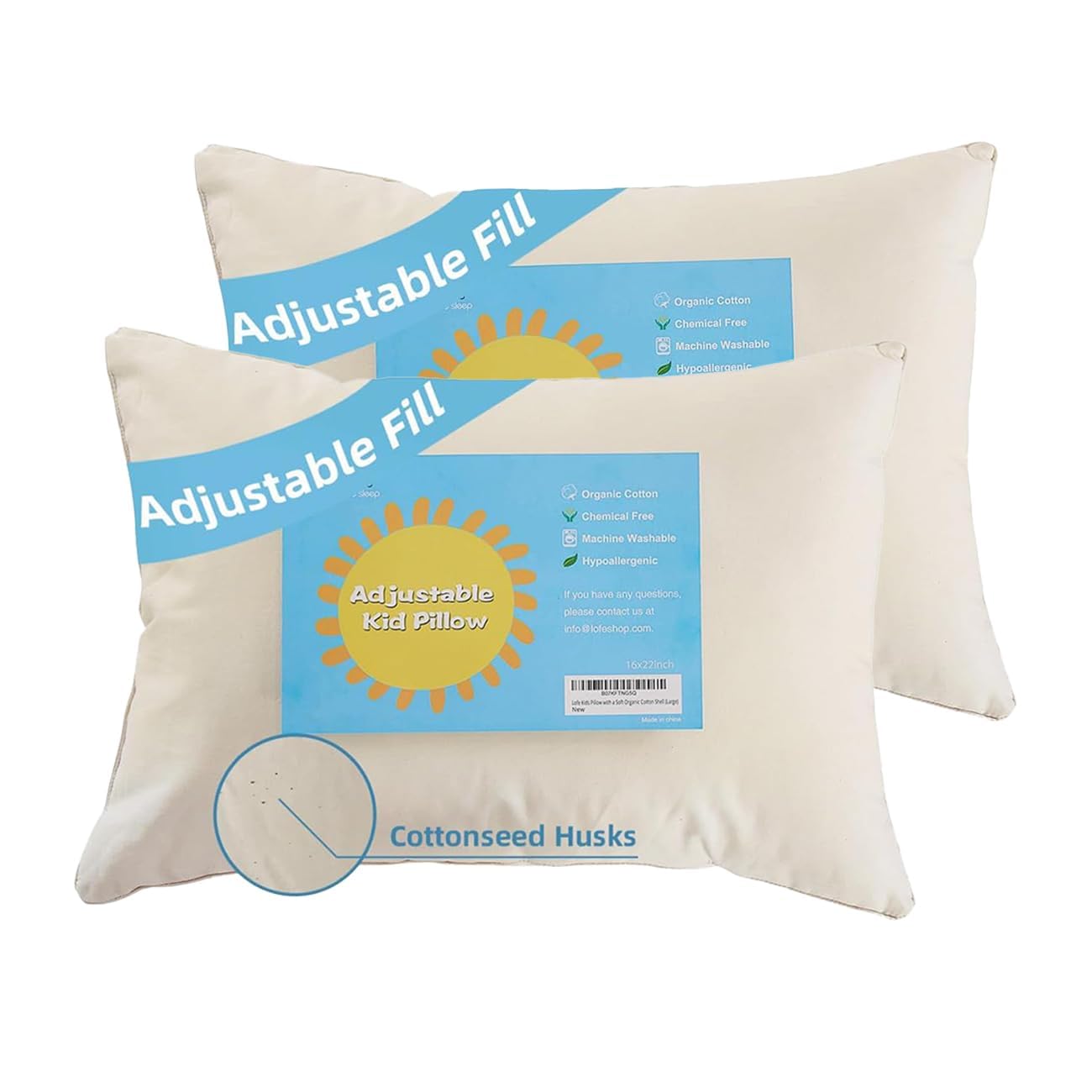 LOFE Organic Kids Pillow - 16x22 Toddler Pillow with 100% Organic Cotton Shell, 2 Pack Adjustable Loft Youth Pillow, Machine Washable Organic plilow, Soft, Perfect for Kids&Youth