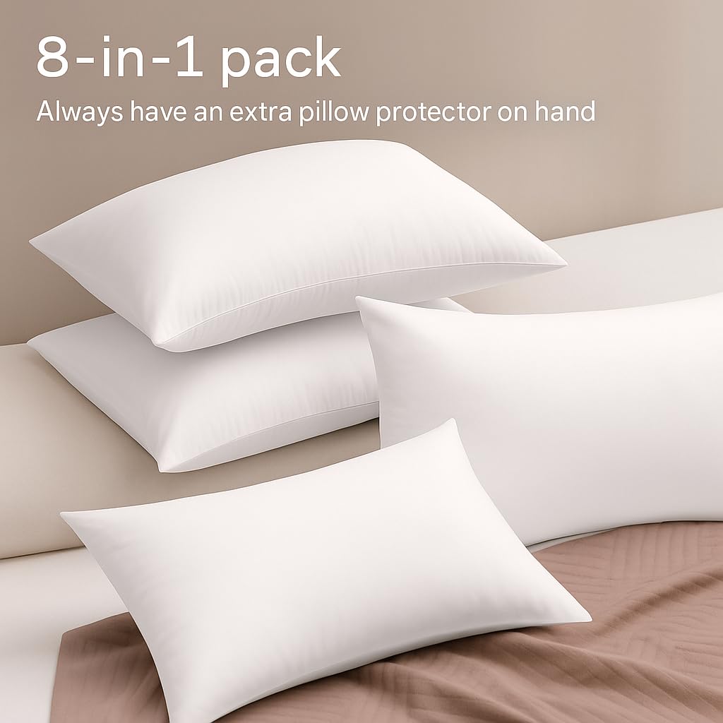 Ultra Soft Pillow Protectors with Zipper King Size - Set of 8 Breathable Pillow Covers - 100% Protection Against Stains, Dust & Dirt - Machine Washable (White)