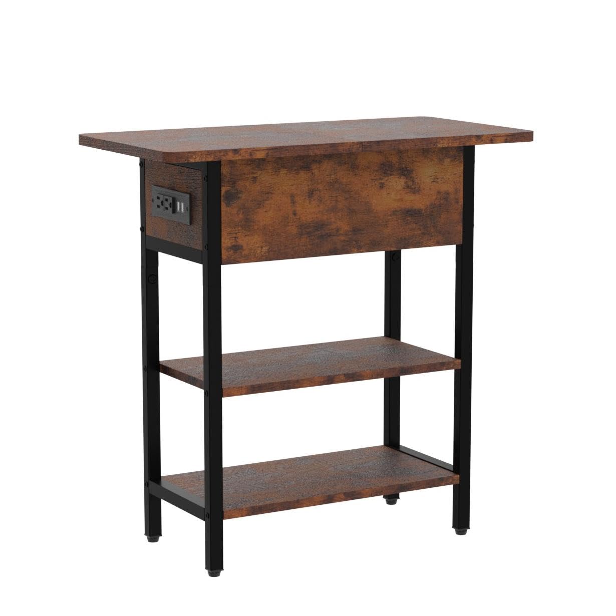 Yoobure End Table with Charging Station, Flip Top Side Table with USB Ports and Outlets, Sofa Couch Table Bedside Table for Living Room Bedroom, Narrow Nightstand with Storage Shelves for Small Space