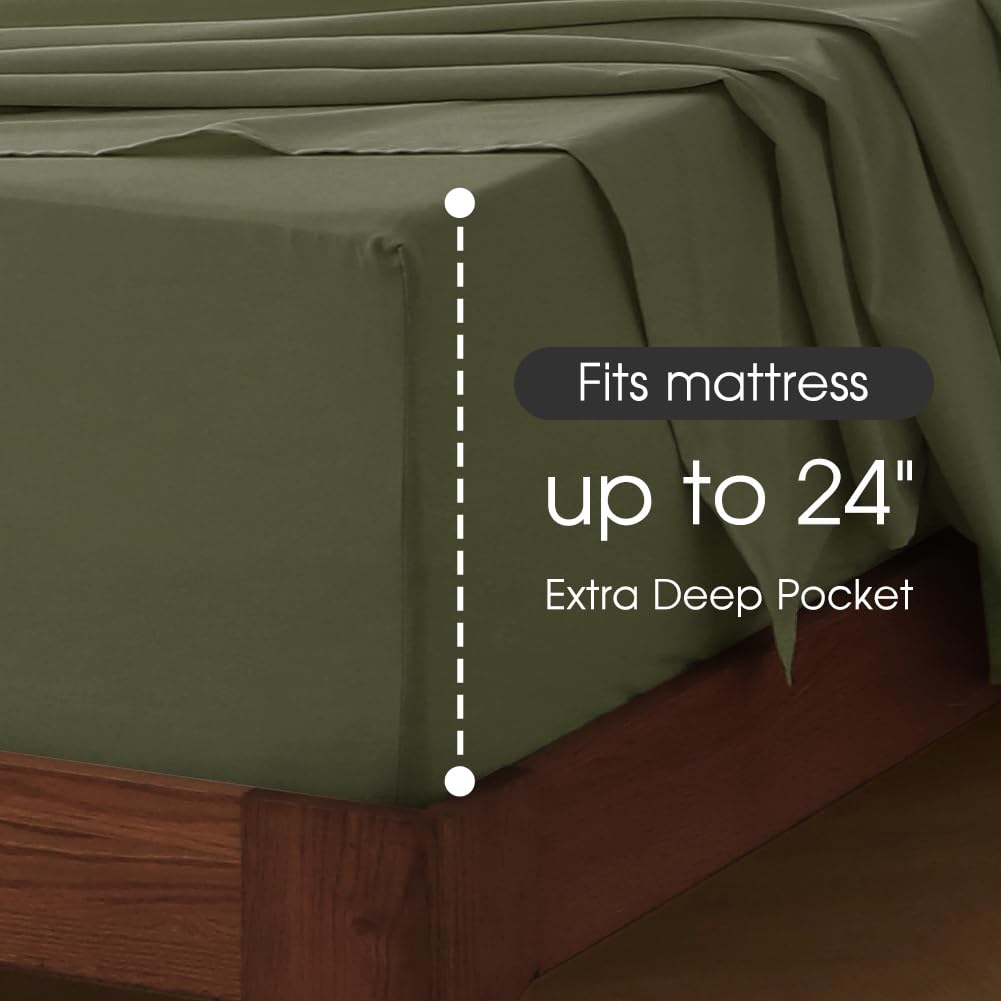 HYPREST Deep Pocket Queen Sheet Sets Fits 18"-24" in Deep Mattress -100% Cotton Queen Sheet Set,Green Hotel Luxury Soft Cooling Sheet Sets for Queen Bed