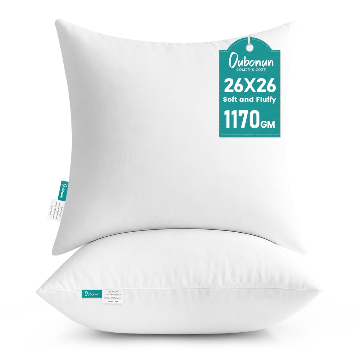 Oubonun 26 x 26 Throw Pillow Inserts - Soft, Plush & Decorative Down Alternative Pillows for Couch Sofa Bed, Machine Washable - White, Pack of 2
