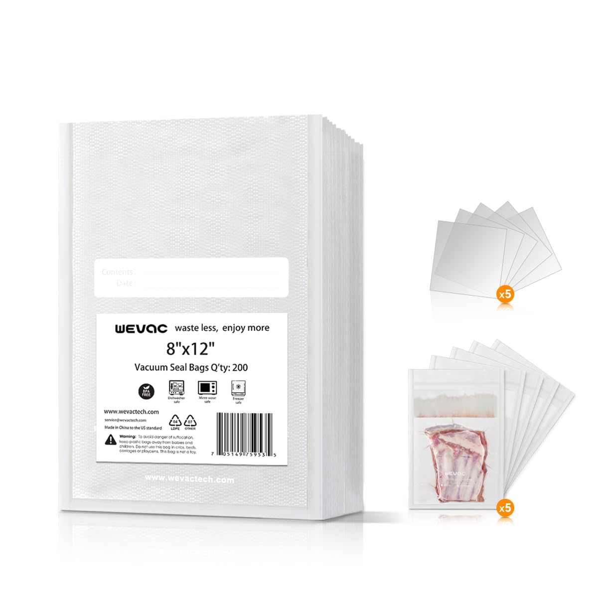 Wevac 8" x 12" Precut Vacuum Sealer Bags, 200 Count, Includes 5 Liquid Block Bags & 5 Bone Guard Pieces, Heavy Duty for Food Storage, Sous Vide & Meal Prep