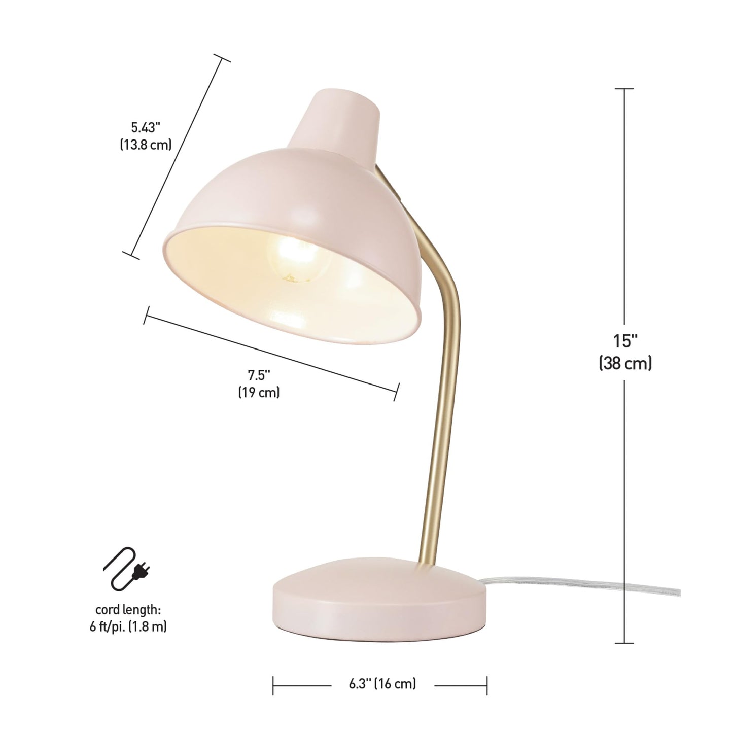 Globe Electric 67339 16 Inch Pink Desk Lamp with Gold Arm, in-Line On/Off Switch, Reading Light, Ideal for Bedroom, Dorm and Office