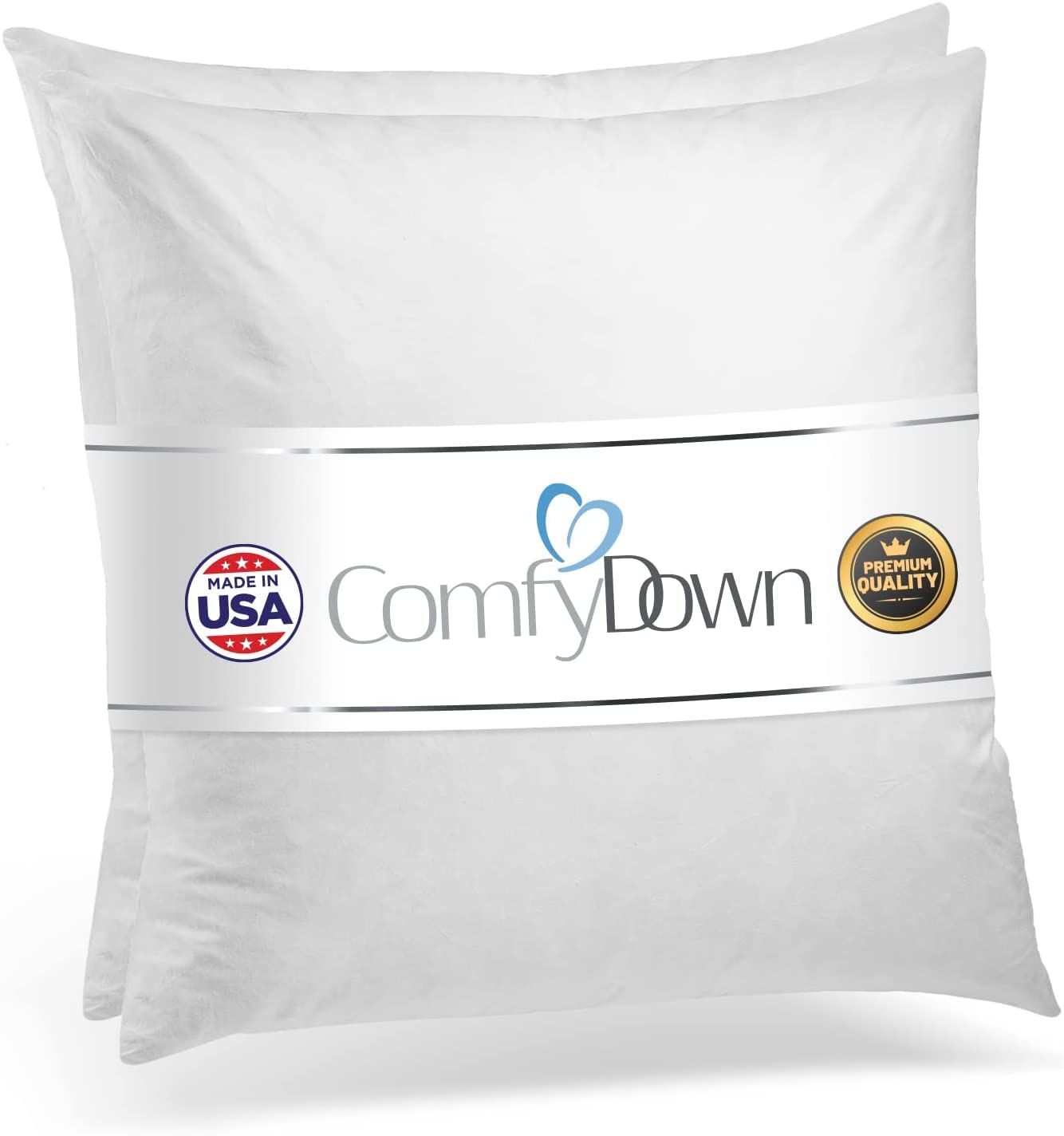 ComfyDown 22x22 Throw Pillow Inserts (Set of 2), Down & Feather Fill, 100% Cotton Cover, Made in USA – Premium Soft Decorative Pillow Forms Sham Stuffers for Bed, Sofa & Couch