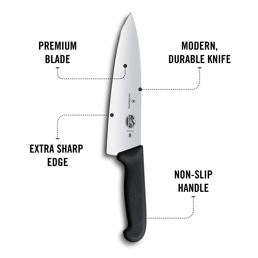 Victorinox Fibrox Pro Chef’s Knife, 8 Inch - Swiss Army Kitchen Knife, High Carbon Stainless Steel Blade, Non-Slip Fibrox Handle, Dishwasher Safe, Black