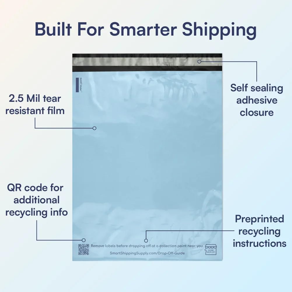 100 Count, 10x13 inch 100% Recycled Poly Mailers Eco Friendly Packaging Envelopes Supplies Mailing Bags 2.5 Mil Thick - SMART Mailer