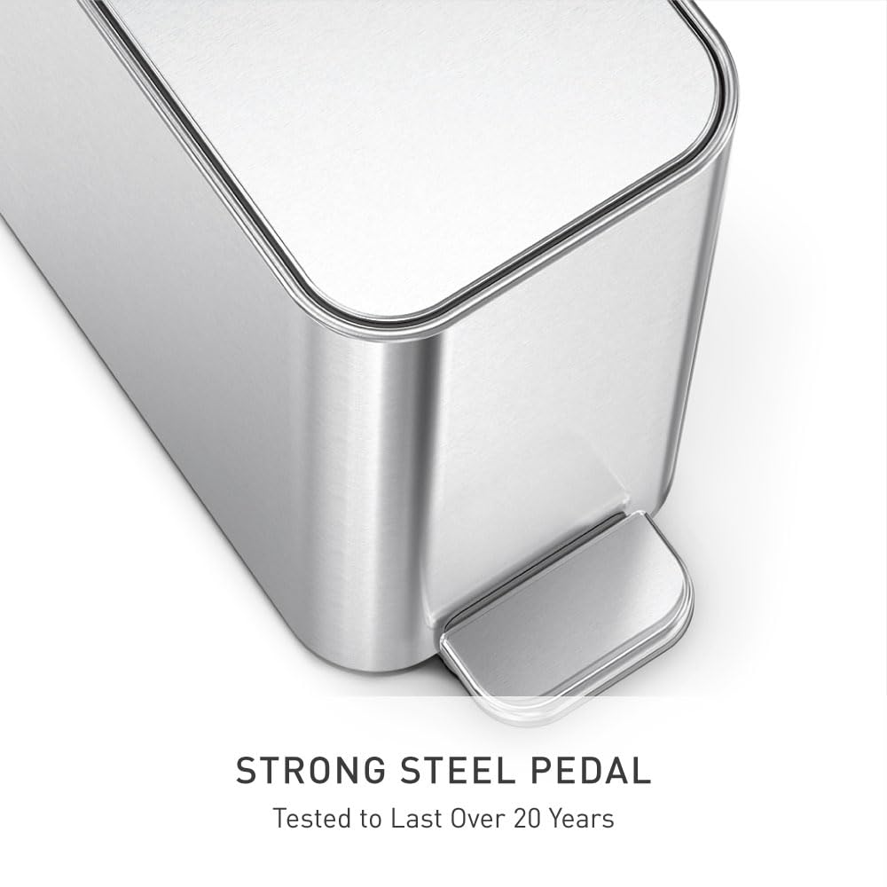 simplehuman Slim Step Can, 5L / 1.3 Gallon Compact Bathroom Trash Can, Liner Pocket®, Sleek Internal Hinge, 150,000-Step All-Steel Pedal, Lid Shox® Silent Close, Brushed Stainless Steel