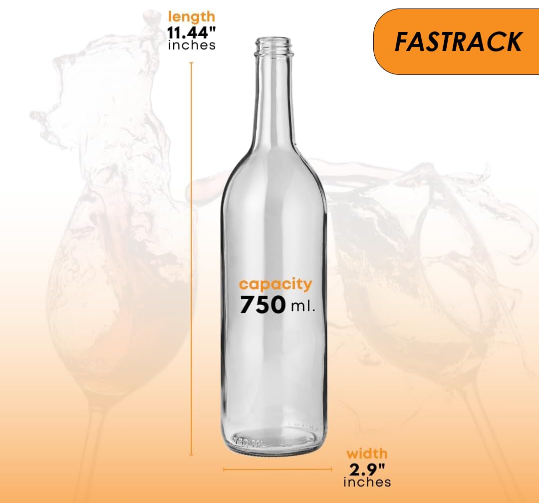 FastRack 750ml Clear Glass Wine Bottles with White Metal Screw Caps (Pack of 12) | Empty W5 Flint Bordeaux Bottles for Homemade Wine, Juice, Kombucha, Spirits & Beverage Storage