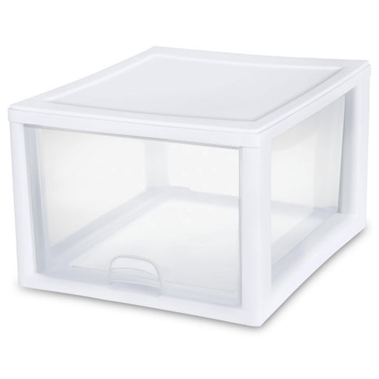 Sterilite 4-Pack Stacking Drawer, Clear Storage Organizer Containers, 27 Quart, White Frame - Stackable and Modular Plastic Drawers for Shoes, Clothes, Accessories, Supplies, Bedding, and Linens