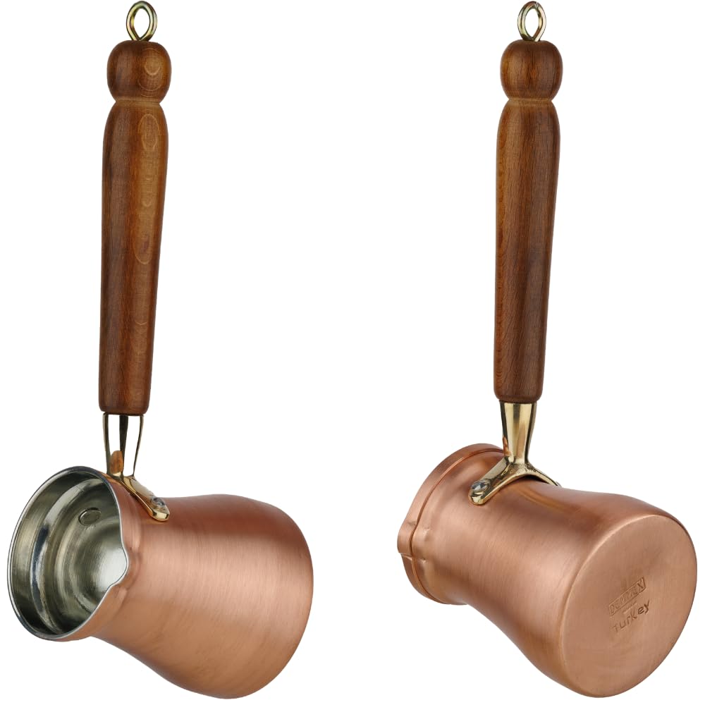 DEMMEX Brushed Copper Turkish Coffee Pot Cezve Ibrik Greek Coffee Briki Stovetop Coffee Maker with Wooden Handle & Spoon, 1mm Thick Copper, Handmade in TURKEY, 8 fl Oz - 3 Servings