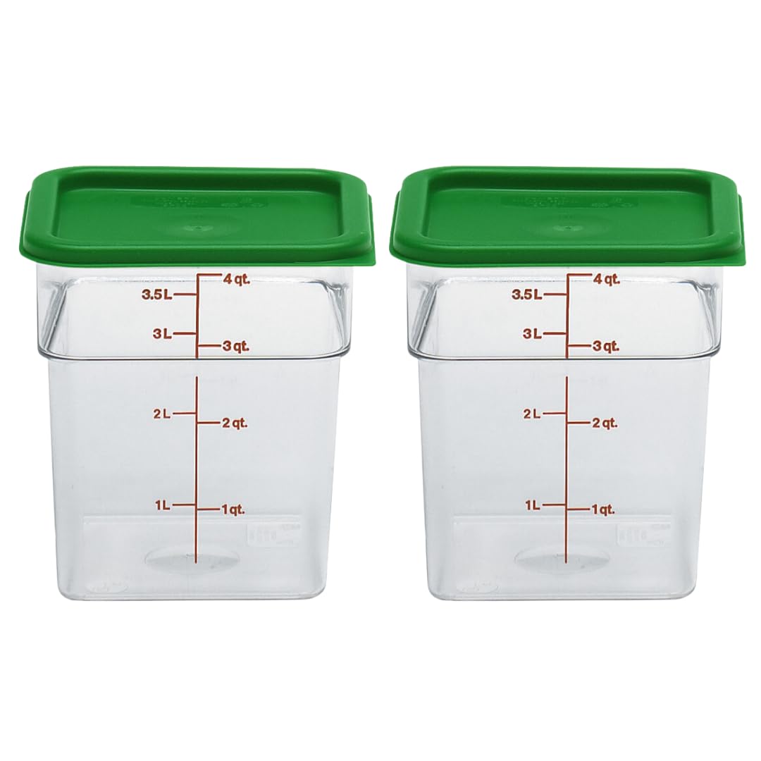Cambro Food Storage Container with Lid (2 Pack) - Classic Series Square with Green Lid - 4 QT (Quart) - Commercial Grade for Food Prep (Clear)