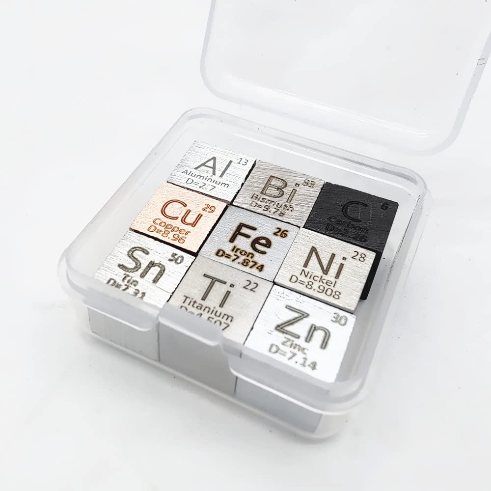 0.39" Element Cube Set 10mm Density Cubes Copper Iron Bismuth Titanium for Periodic Table Collection Up to 99.99% Purity (0.39“, 9-01)