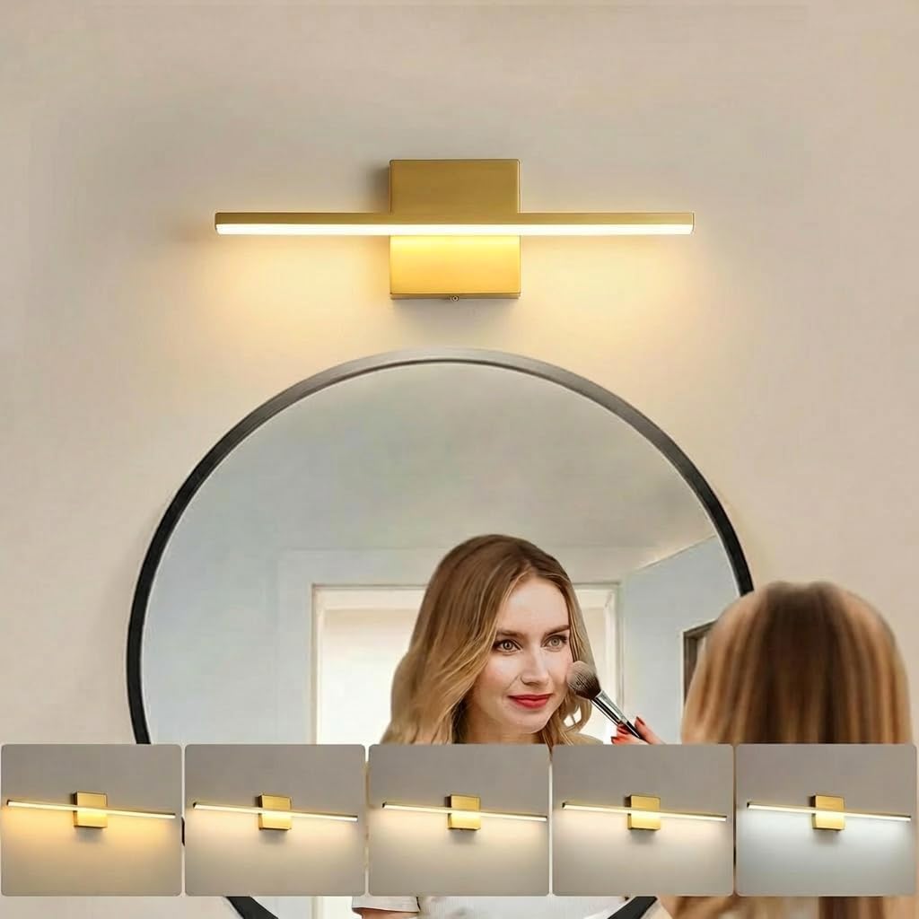 fengkiop Brushed Gold Vanity Light 16 Inch Modern Bathroom Light Fixtures 14W Wall Vanity Lamp Over Mirror, Dimmable 5CCT LED Wall Sconce for Bedroom Cabinets UL Certificated