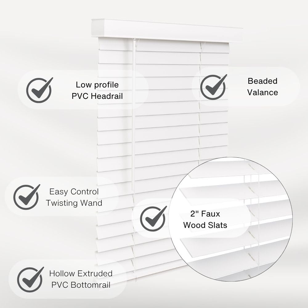 LOTUS & WINDOWARE Cordless Faux Wood Blinds, 35" Wide x 60" Long, Smooth, Snow White, 2 Inch Horizontal Blinds – for Living Room, Bedroom, Interior Door Windows