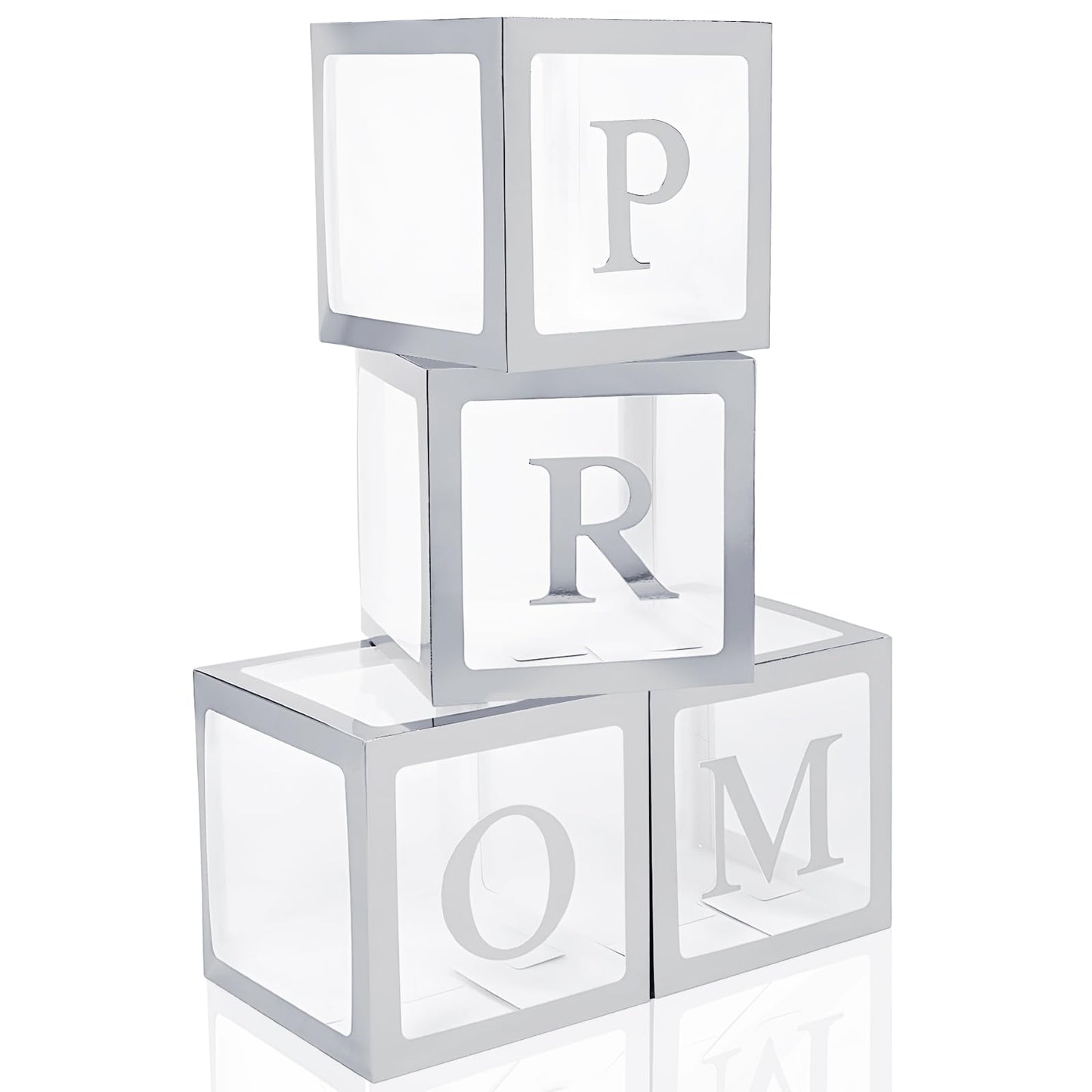 Trandraft 4 Pcs Prom Boxes with Letters 11.8 x 11.8 x 11.8 Inch Clear Balloon Boxes Transparent High School College Graduation Party Favors Supplies(Prom,Silver)