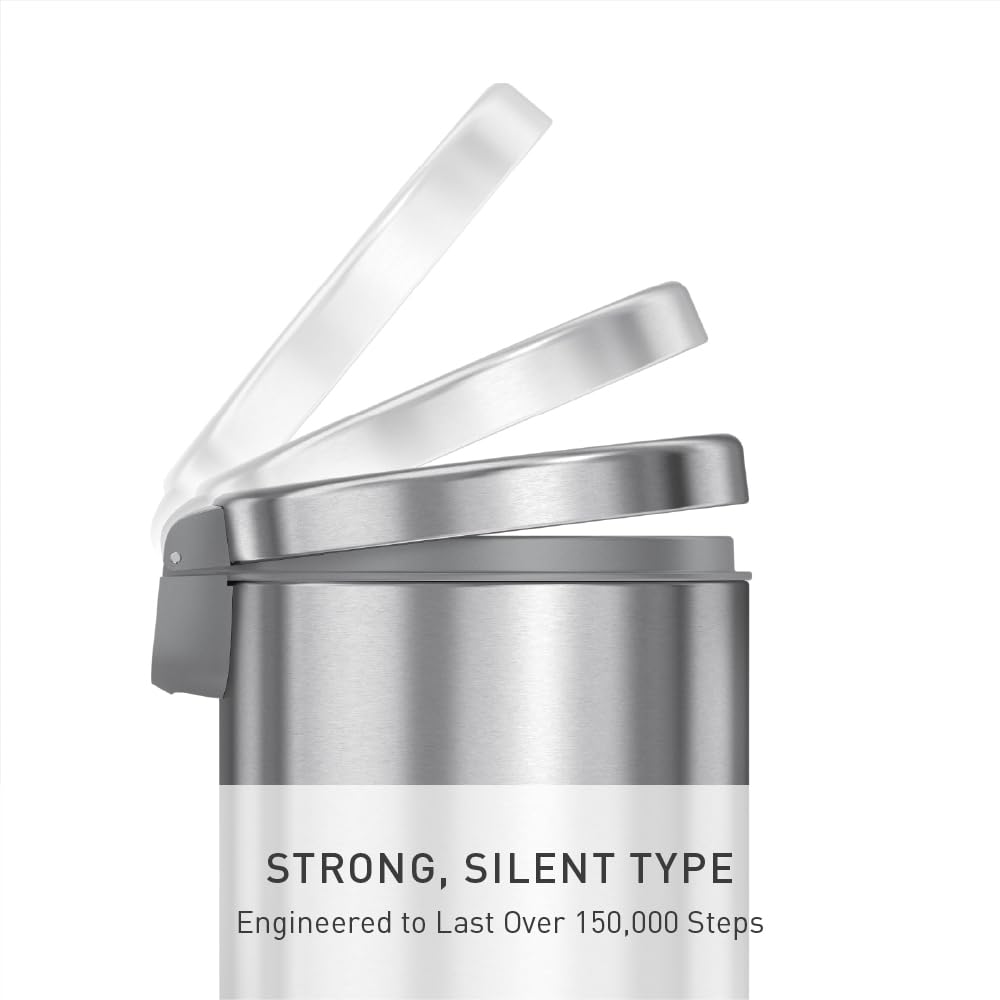 simplehuman Round Step Can, 4.5L / 1.2 Gallon Compact Bathroom Trash Can, 150,000-Step Pedal, Lid Shox® Silent Close, Removable Inner Bucket, Brushed Stainless Steel