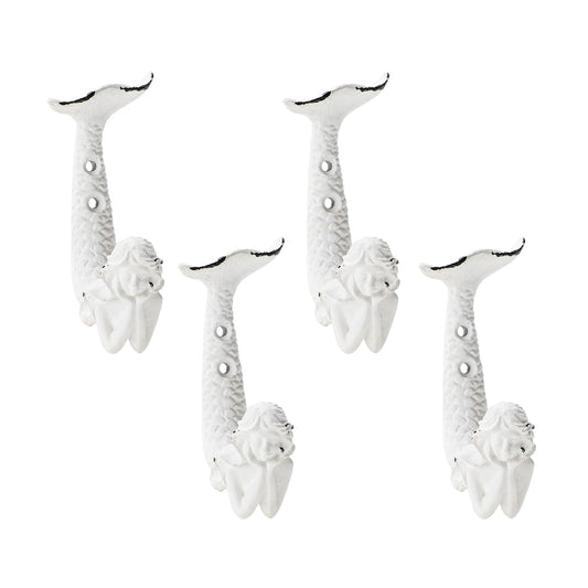 SOFFEE DESIGN 4pcs White Mermaid Shape Metal Coat Hooks, Playful Mermaid Design, Retro Friction Process, High Load-Bearing, for Vocation House, Seaside Cottages, Bathroom, Living Room